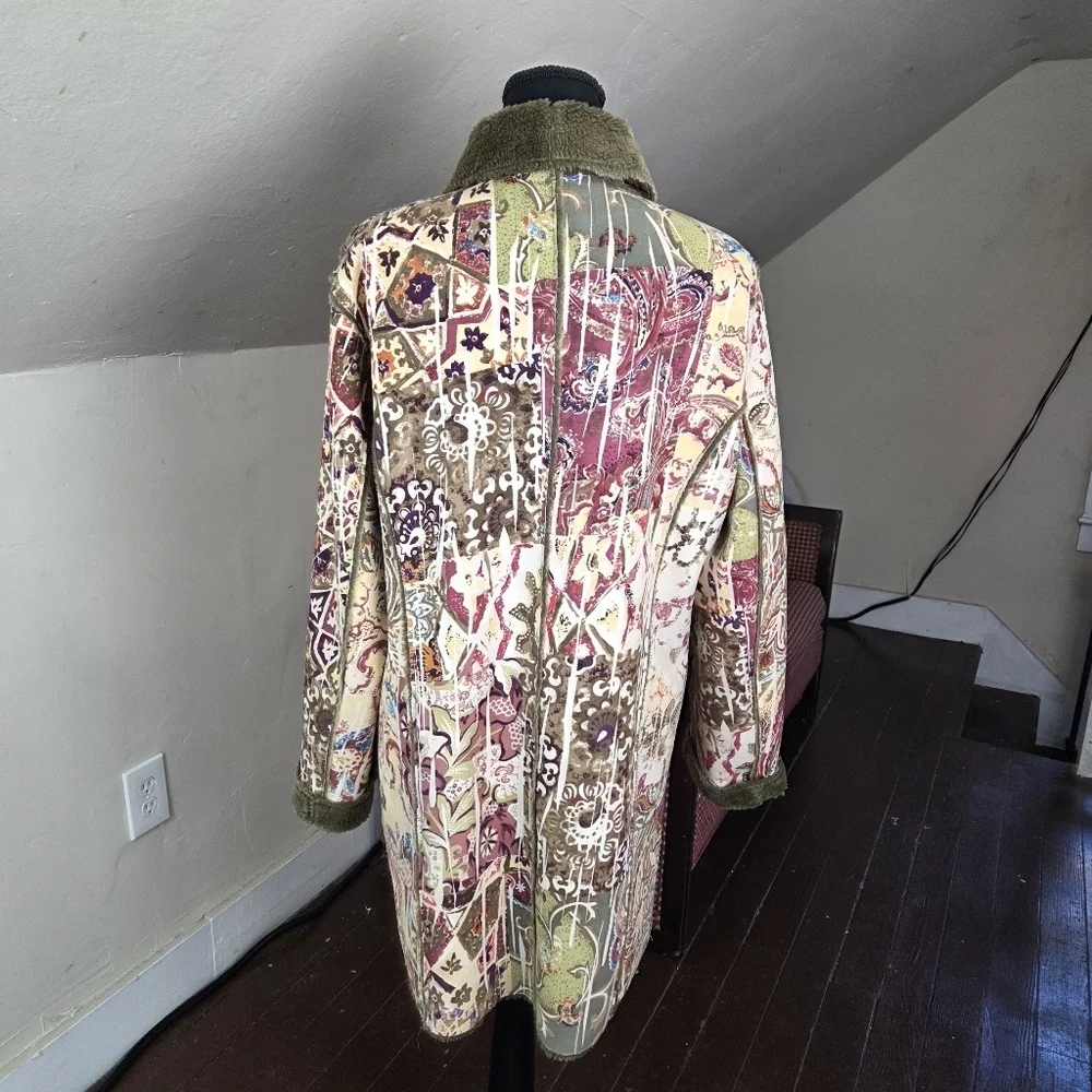 Chico’s Patchwork Tapestry‎ Coat Size 2 (L) Faux Fur Lined Boho Artsy Jacket